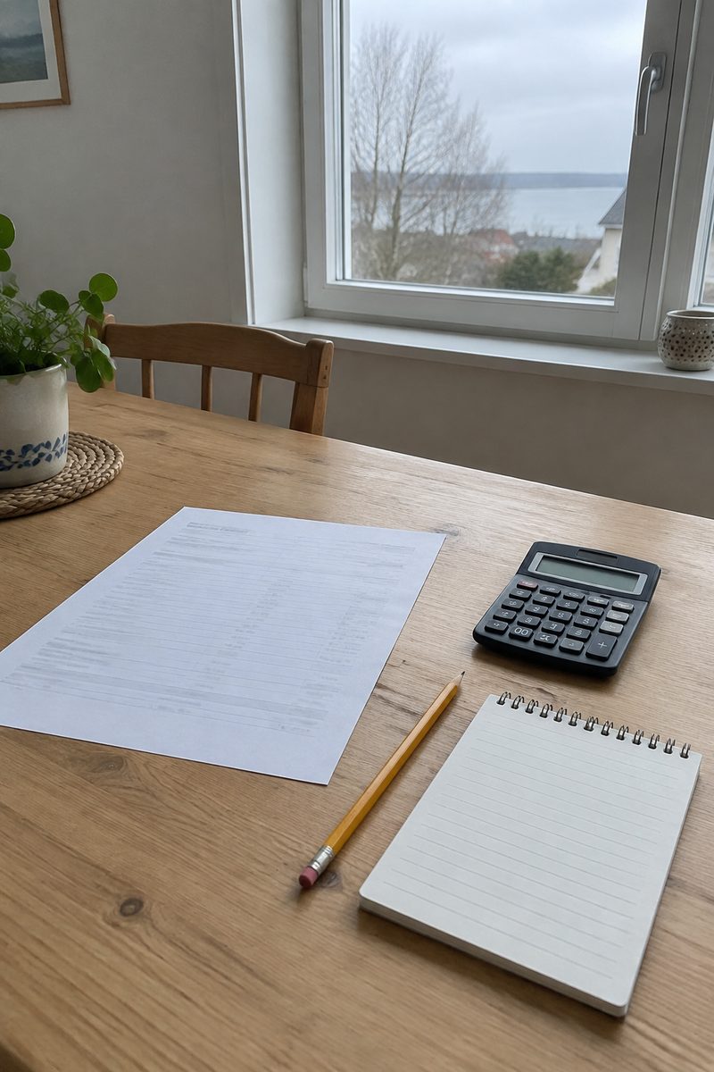 Køkkenbord med tilbudsark, lommeregner og notepapir klar til fradragsopgørelsen